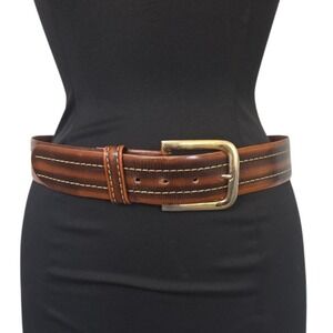 Leather "Antique Steerhide" Belt 34" w/ Gold Buckle Retro Big Stitching Two-tone